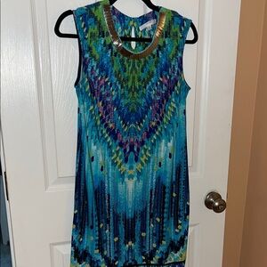 Vibrant Blue and Green Sleeveless Dress